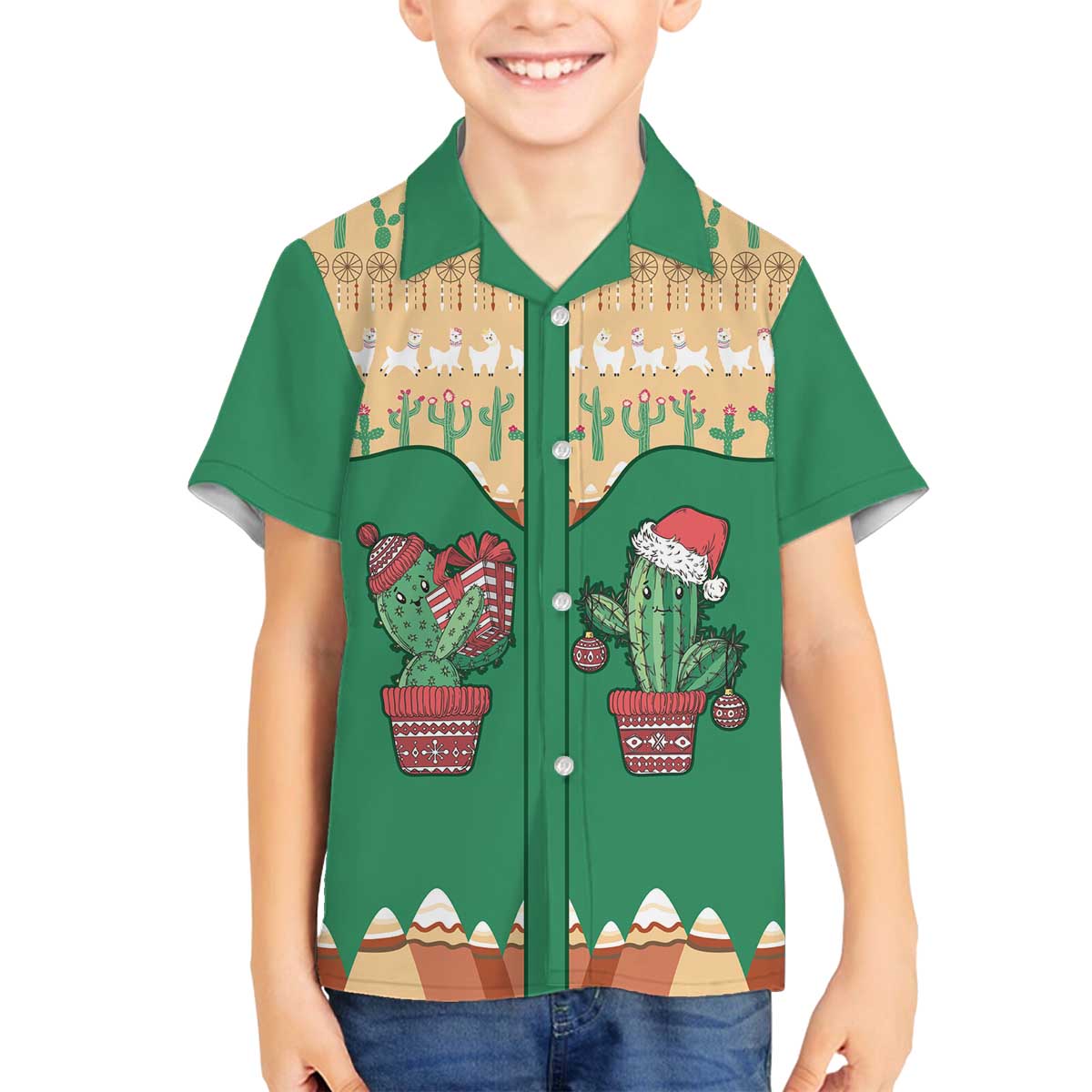Western Yoke Family Matching Off The Shoulder Long Sleeve Dress and Hawaiian Shirt Cactus Christmas Cute Style - Wonder Print Shop