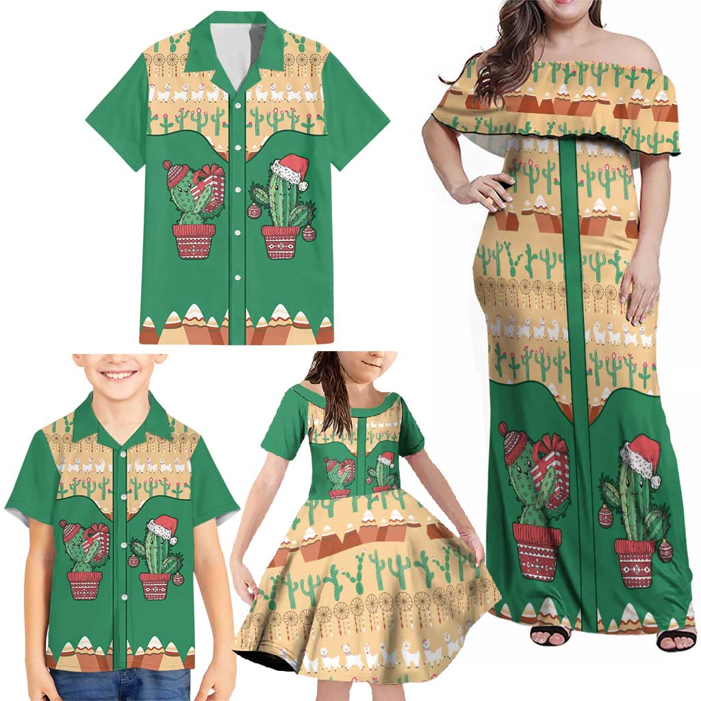 Western Yoke Family Matching Off Shoulder Maxi Dress and Hawaiian Shirt Cactus Christmas Cute Style - Wonder Print Shop
