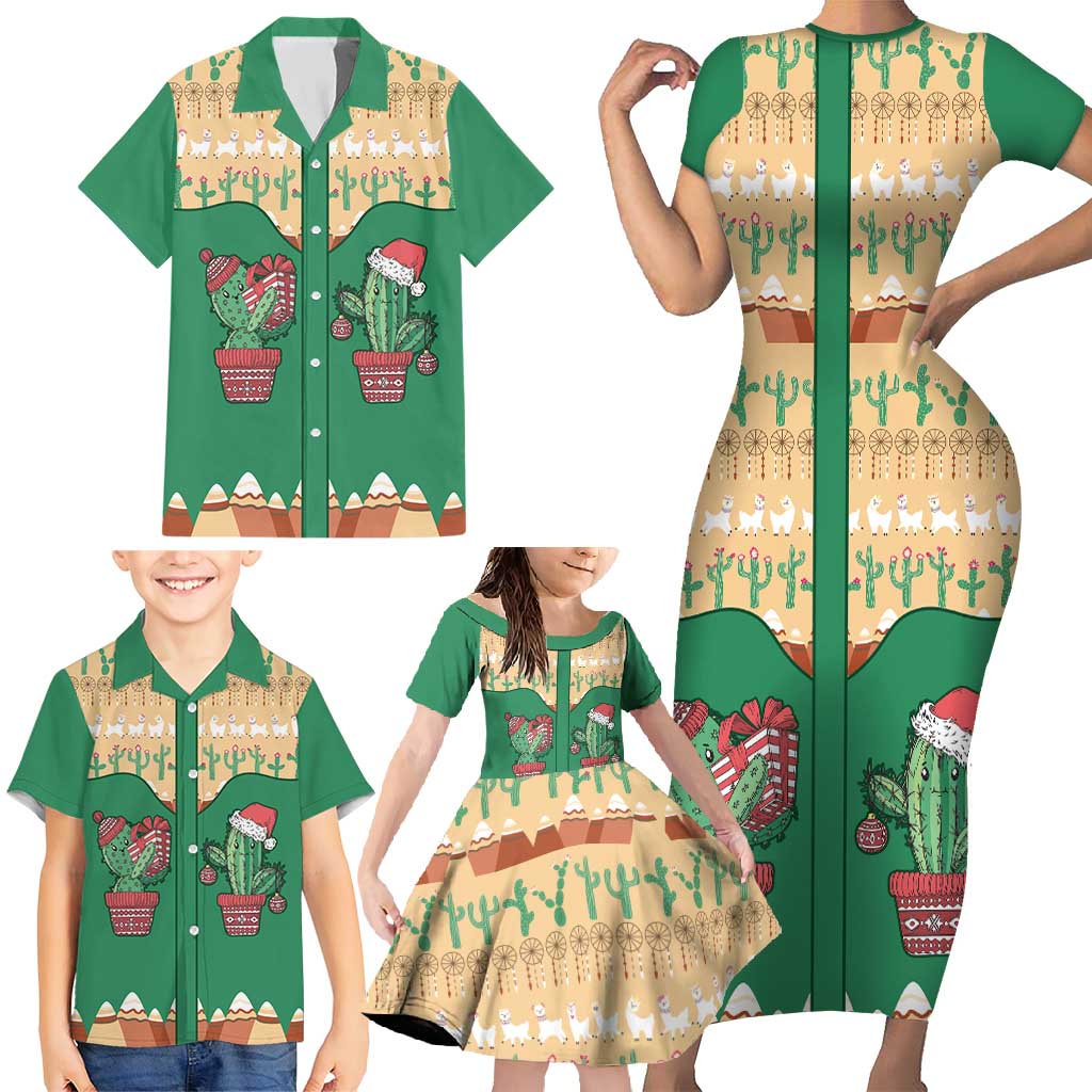 Western Yoke Family Matching Short Sleeve Bodycon Dress and Hawaiian Shirt Cactus Christmas Cute Style - Wonder Print Shop