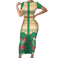 Western Yoke Family Matching Short Sleeve Bodycon Dress and Hawaiian Shirt Cactus Christmas Cute Style - Wonder Print Shop