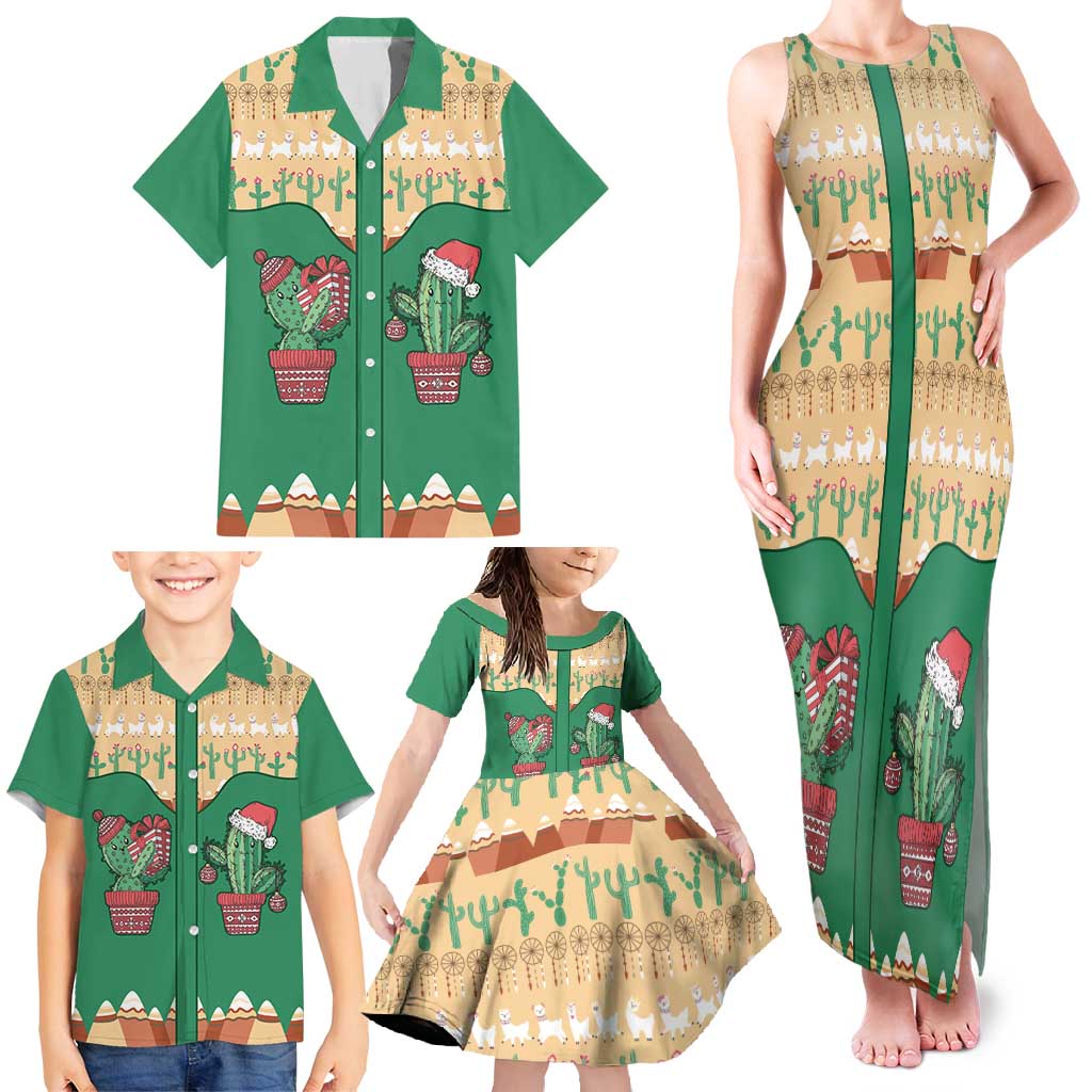 Western Yoke Family Matching Tank Maxi Dress and Hawaiian Shirt Cactus Christmas Cute Style - Wonder Print Shop