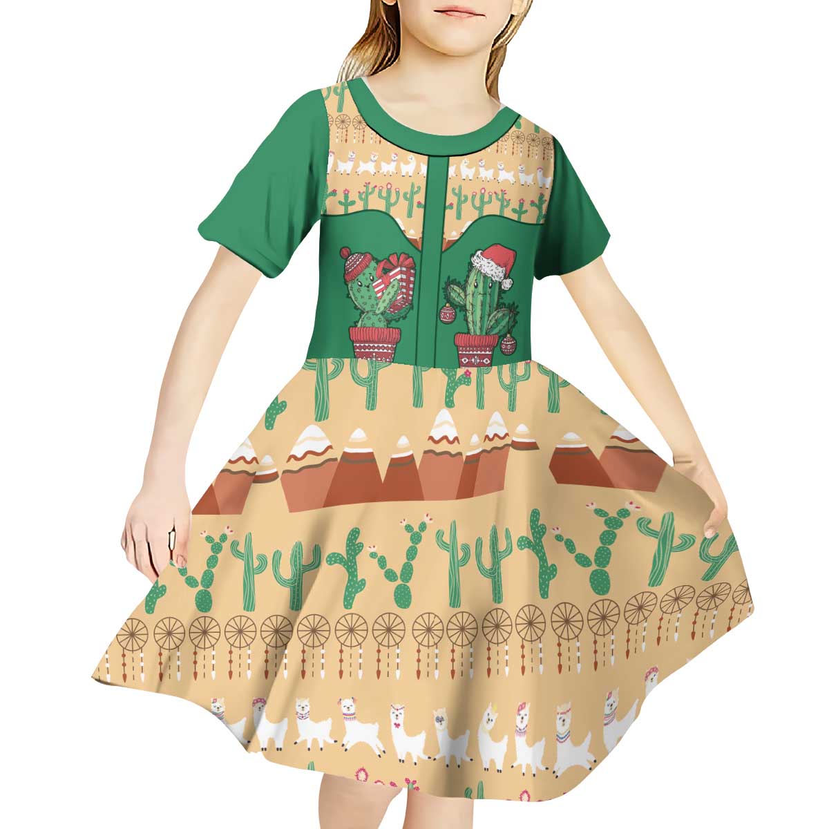 Western Yoke Kid Short Sleeve Dress Cactus Christmas Cute Style - Wonder Print Shop