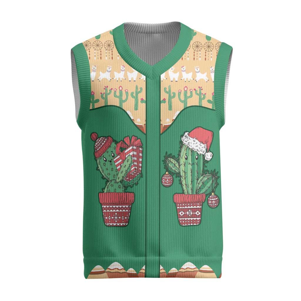 Western Yoke Christmas Knitted V-Neck Vest Cactus Christmas Cute Style - Wonder Print Shop