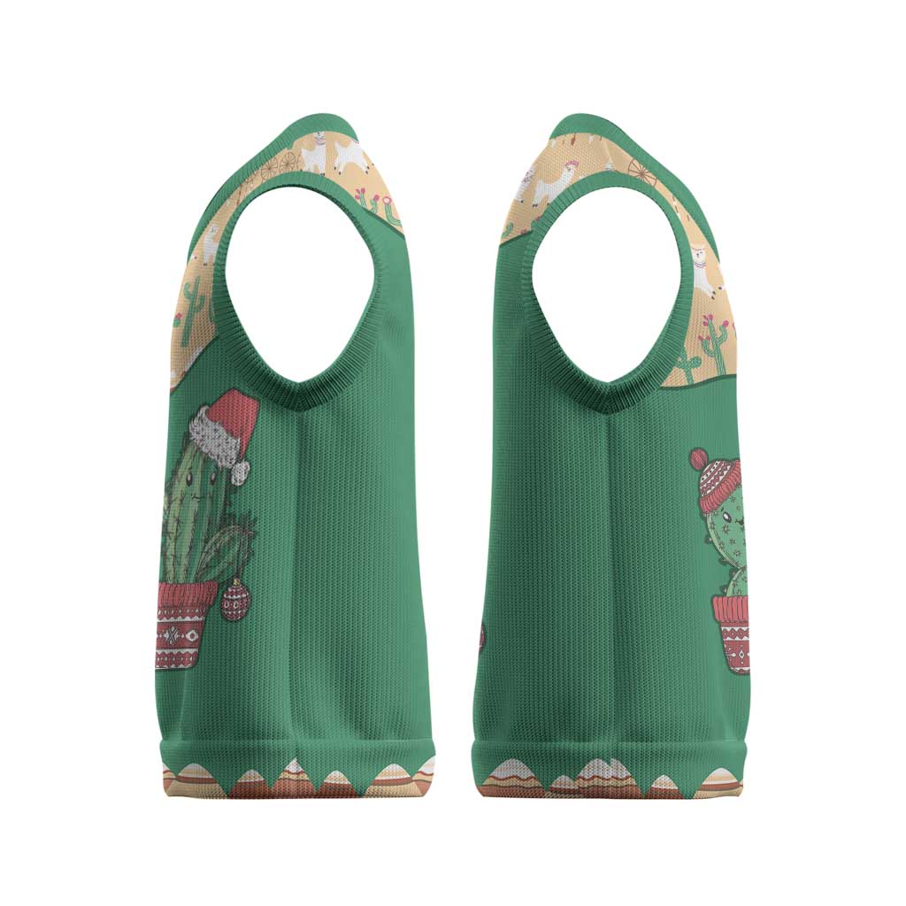 Western Yoke Christmas Knitted V-Neck Vest Cactus Christmas Cute Style - Wonder Print Shop