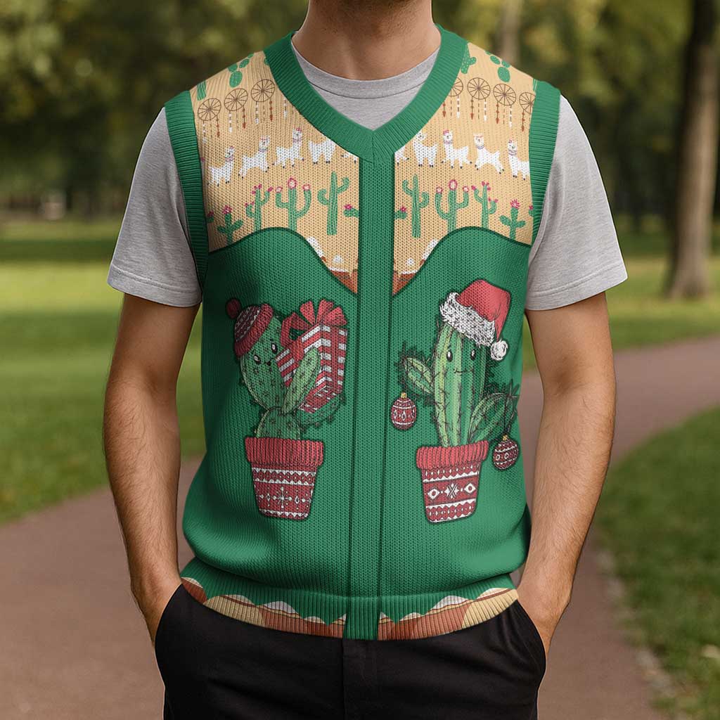 Western Yoke Christmas Knitted V-Neck Vest Cactus Christmas Cute Style - Wonder Print Shop