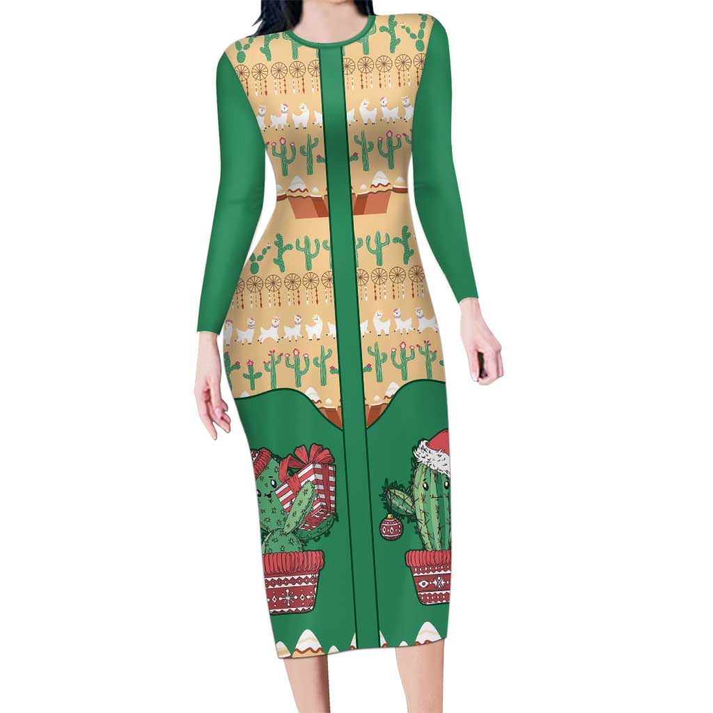 Western Yoke Long Sleeve Bodycon Dress Cactus Christmas Cute Style - Wonder Print Shop