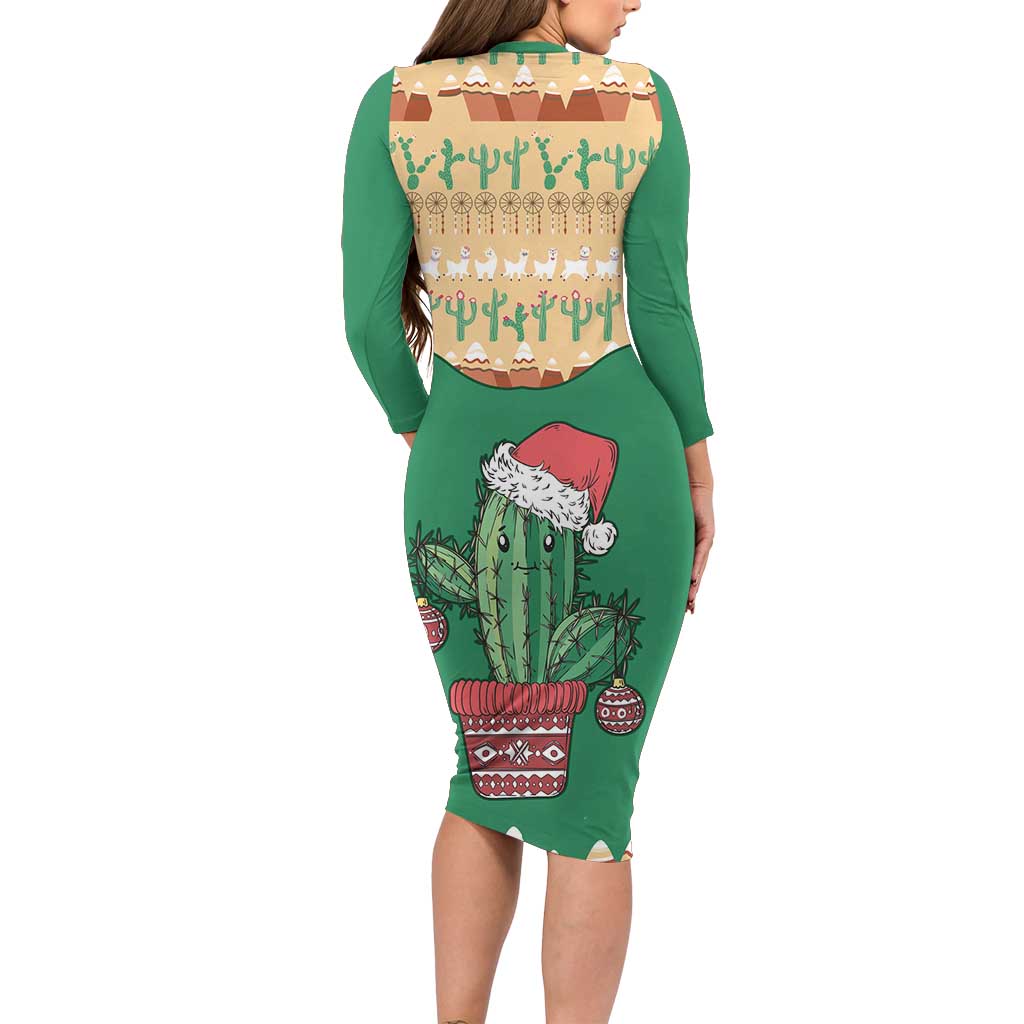 Western Yoke Long Sleeve Bodycon Dress Cactus Christmas Cute Style - Wonder Print Shop