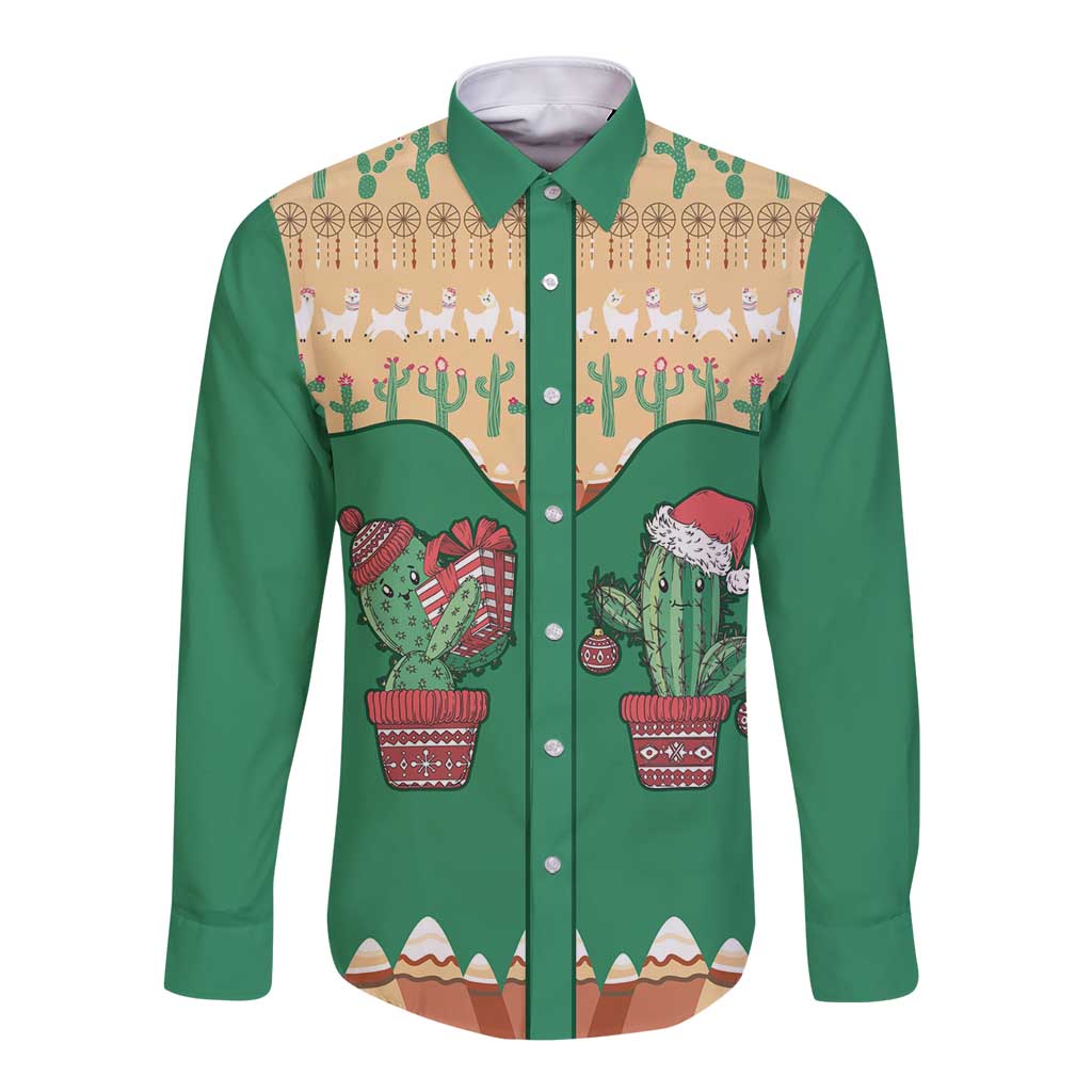 Western Yoke Long Sleeve Button Shirt Cactus Christmas Cute Style - Wonder Print Shop