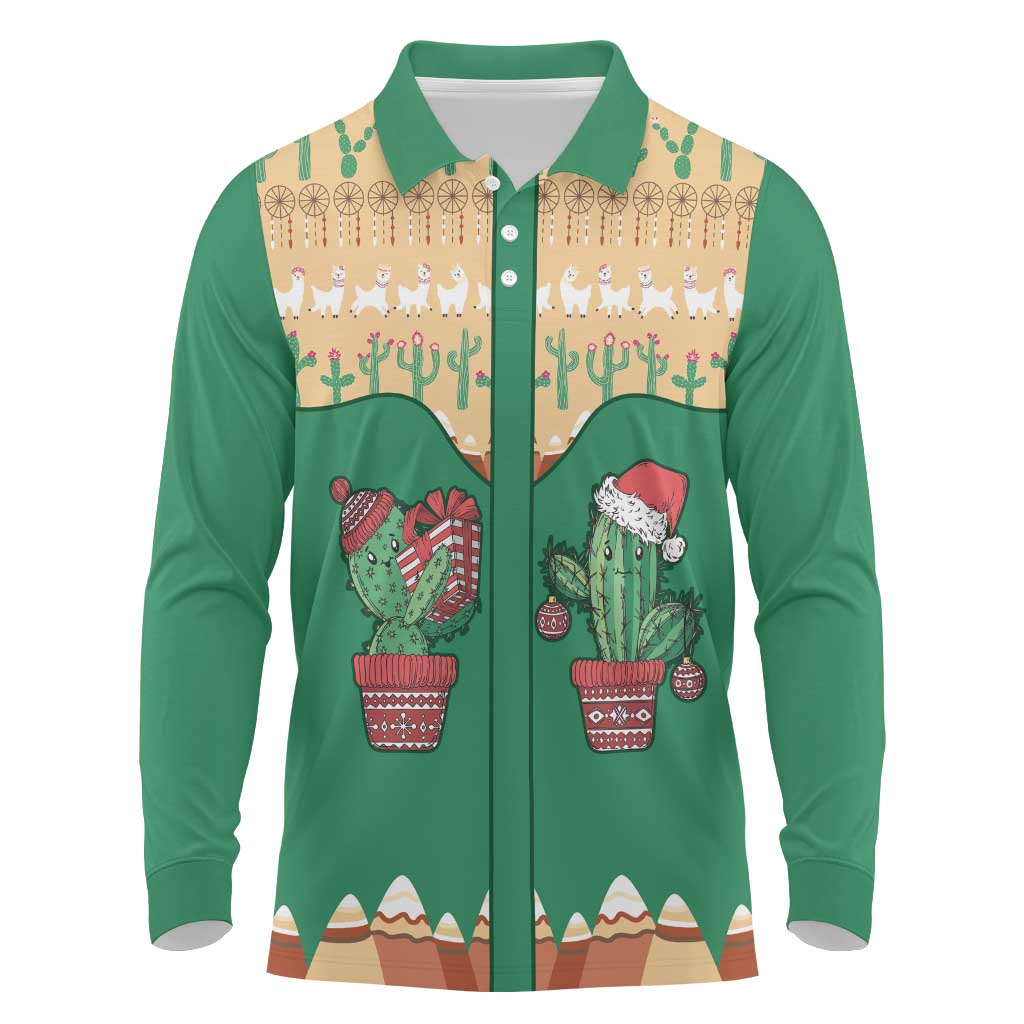 Western Yoke Long Sleeve Polo Shirt Cactus Christmas Cute Style - Wonder Print Shop