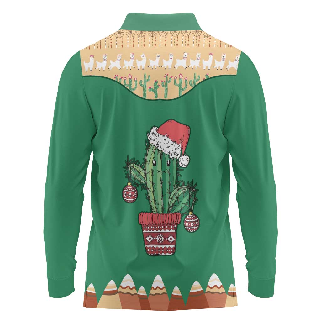 Western Yoke Long Sleeve Polo Shirt Cactus Christmas Cute Style - Wonder Print Shop