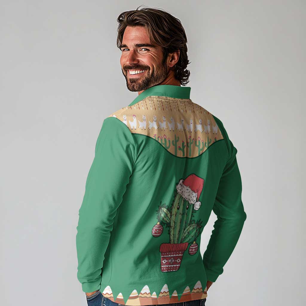 Western Yoke Long Sleeve Polo Shirt Cactus Christmas Cute Style - Wonder Print Shop