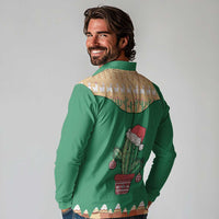 Western Yoke Long Sleeve Polo Shirt Cactus Christmas Cute Style - Wonder Print Shop