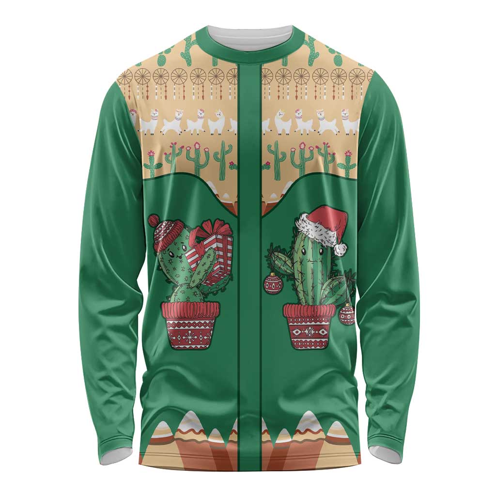 Western Yoke Long Sleeve Shirt Cactus Christmas Cute Style - Wonder Print Shop