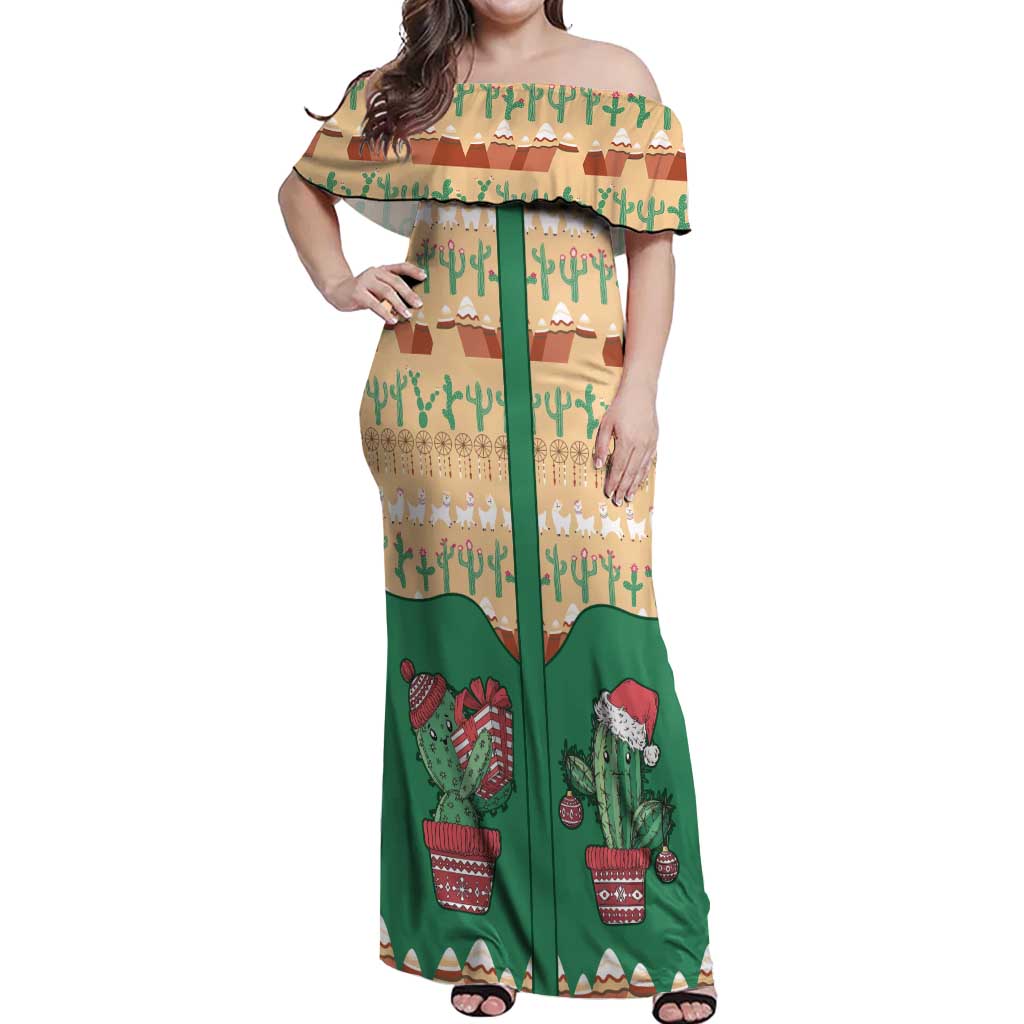 Western Yoke Off Shoulder Maxi Dress Cactus Christmas Cute Style - Wonder Print Shop