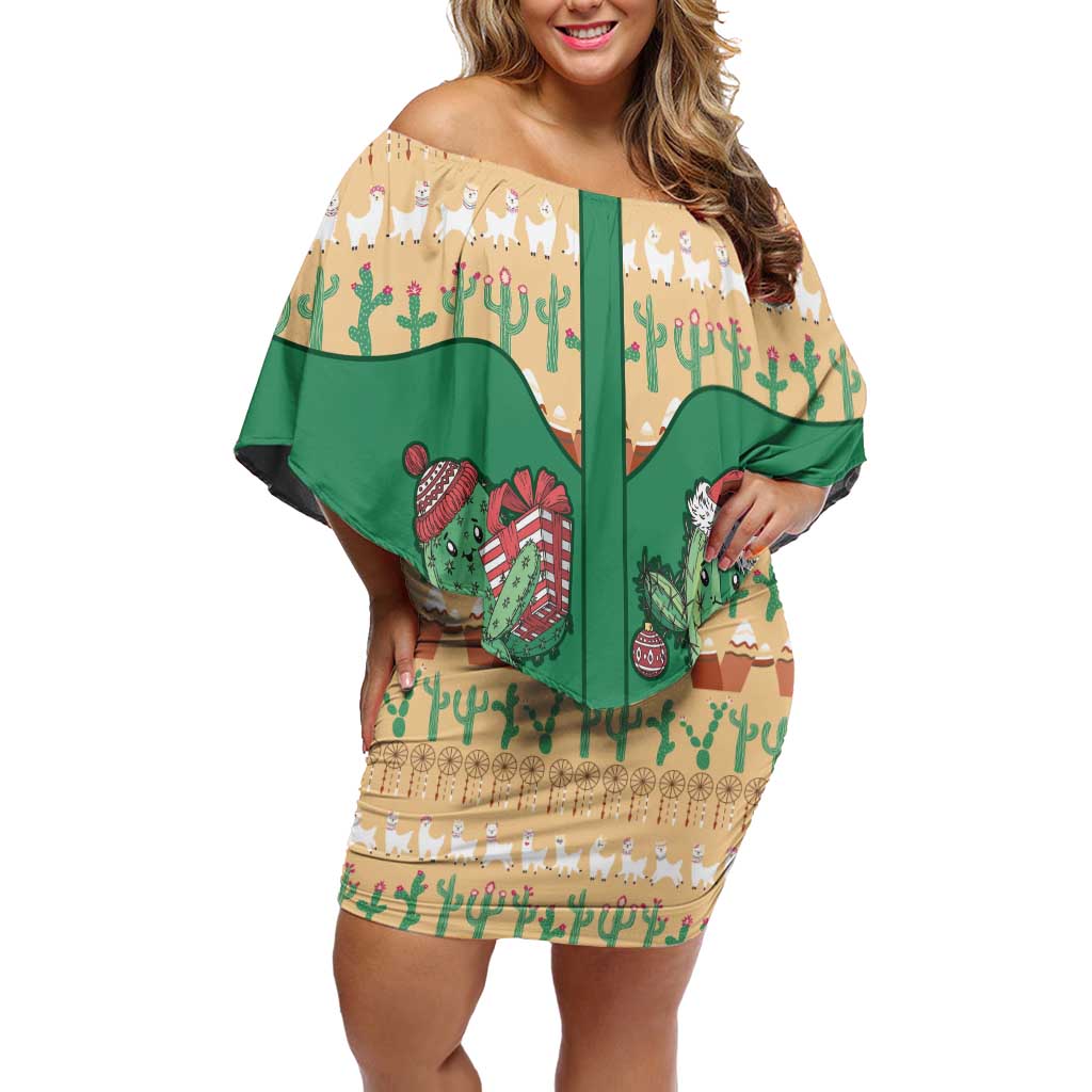 Western Yoke Off Shoulder Short Dress Cactus Christmas Cute Style - Wonder Print Shop
