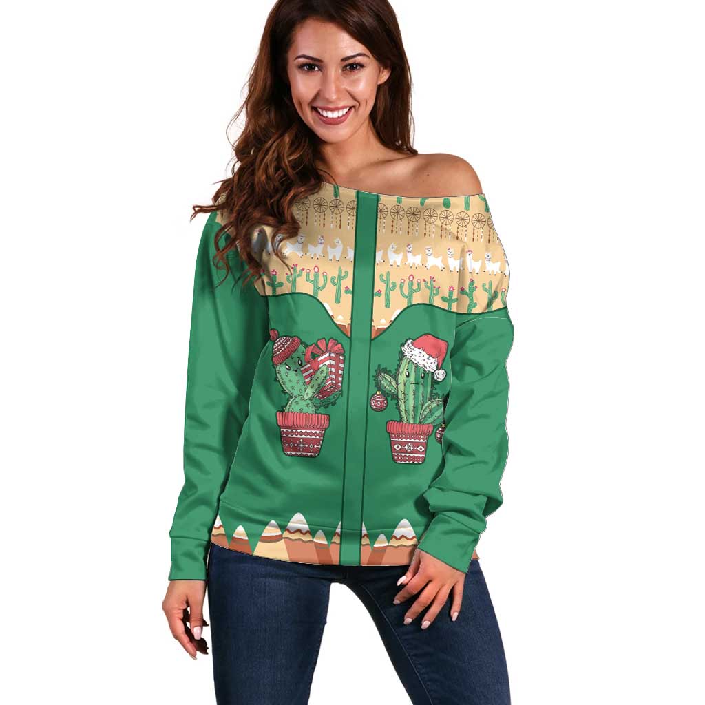 Western Yoke Off Shoulder Sweater Cactus Christmas Cute Style - Wonder Print Shop