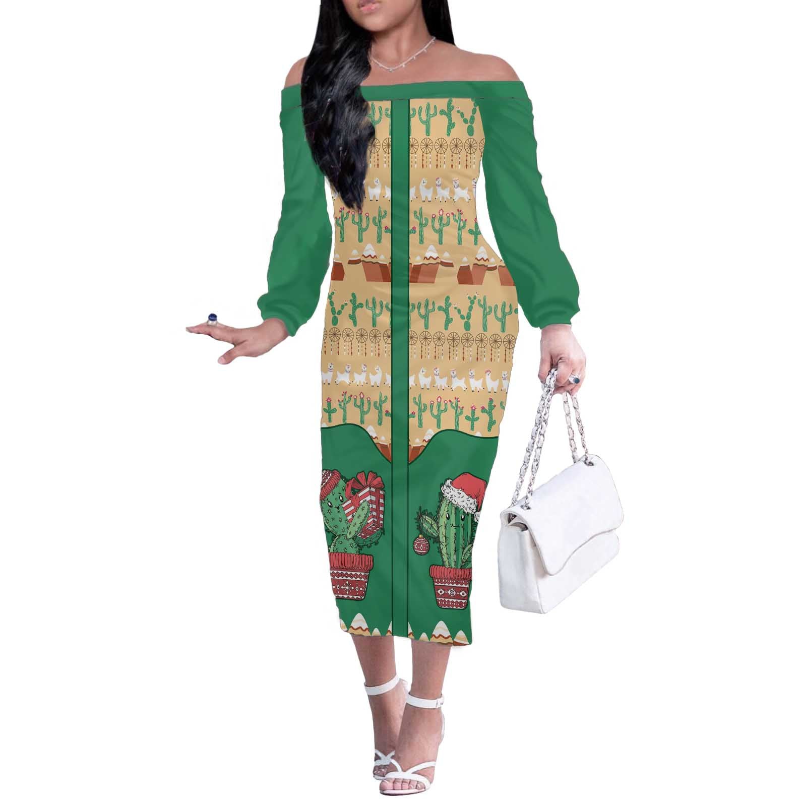 Western Yoke Off The Shoulder Long Sleeve Dress Cactus Christmas Cute Style - Wonder Print Shop
