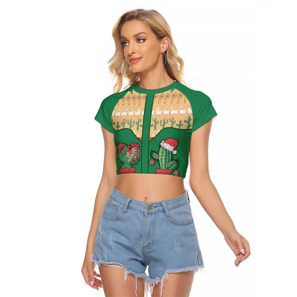 Western Yoke Raglan Cropped T Shirt Cactus Christmas Cute Style - Wonder Print Shop