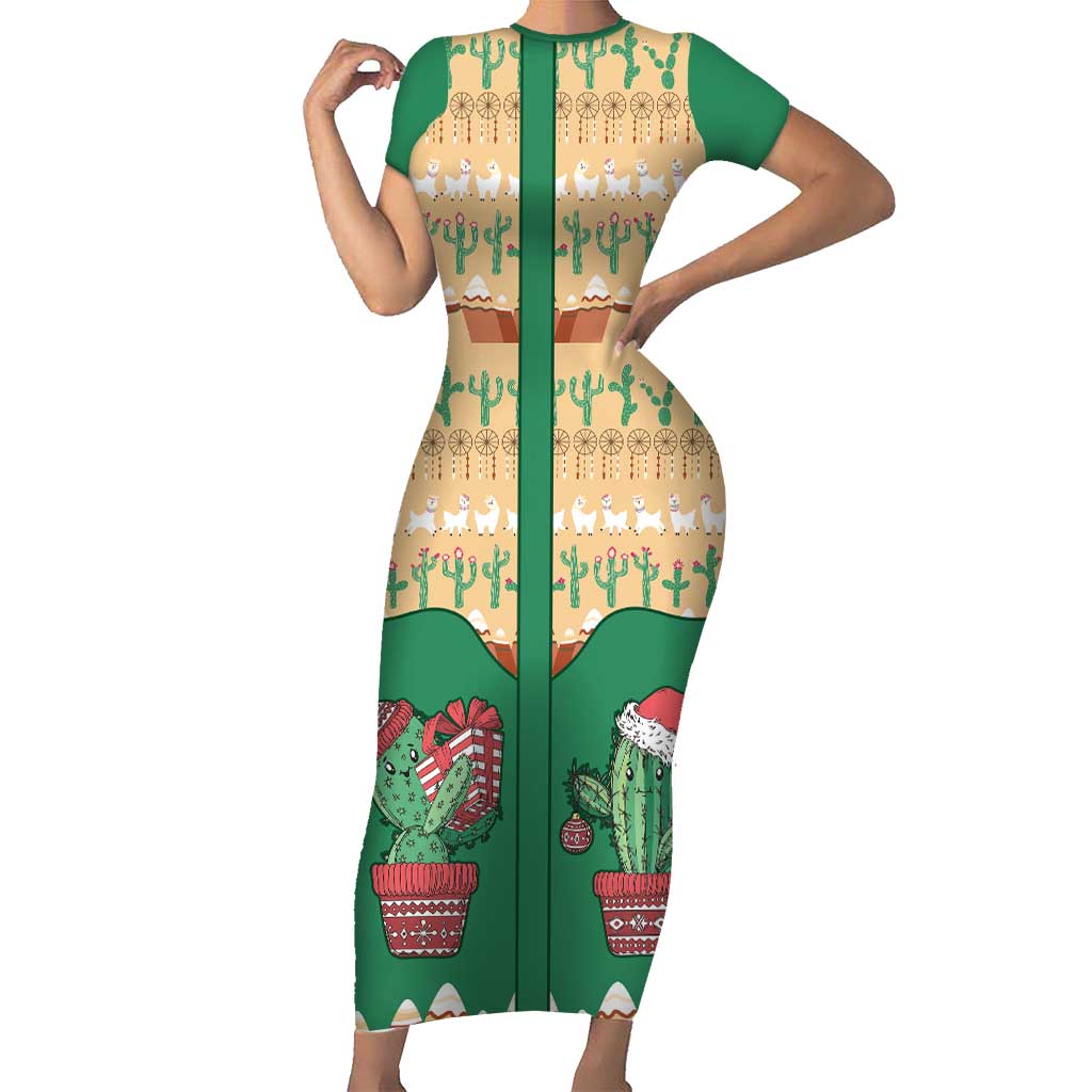 Western Yoke Short Sleeve Bodycon Dress Cactus Christmas Cute Style - Wonder Print Shop