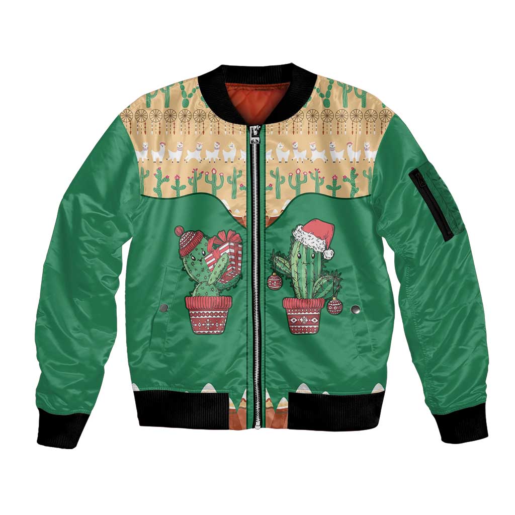 Western Yoke Sleeve Zip Bomber Jacket Cactus Christmas Cute Style - Wonder Print Shop