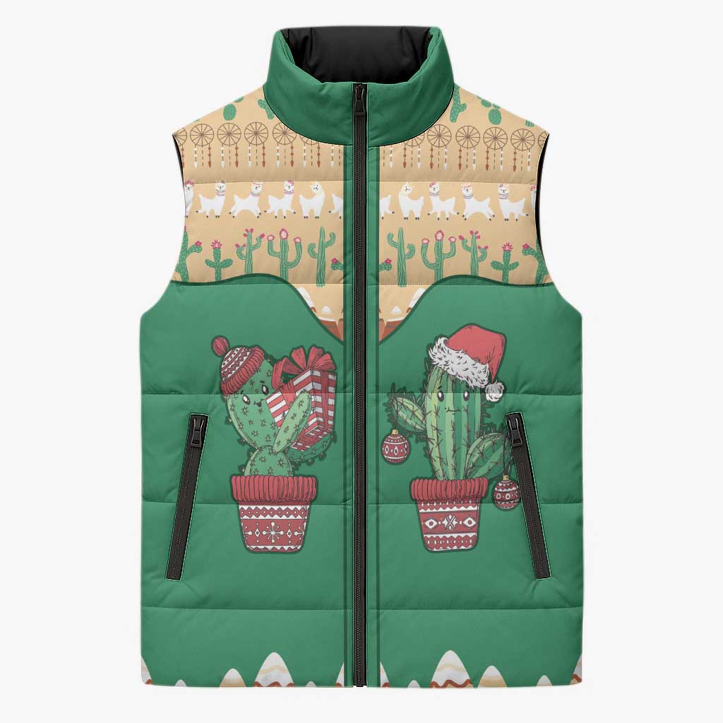 Western Yoke Sleeveless Puffer Jacket Cactus Christmas Cute Style - Wonder Print Shop