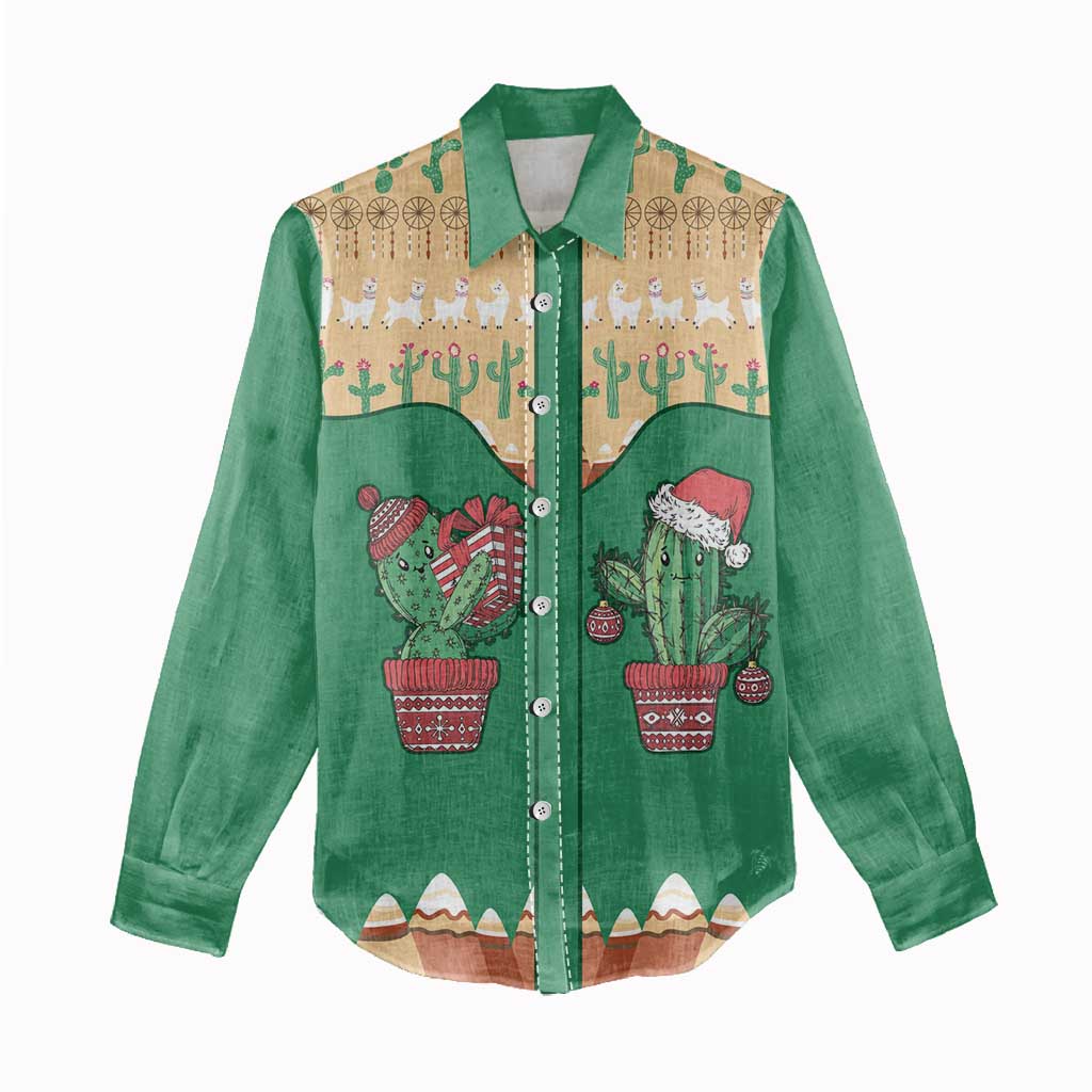 Western Yoke Women Casual Shirt Cactus Christmas Cute Style - Wonder Print Shop
