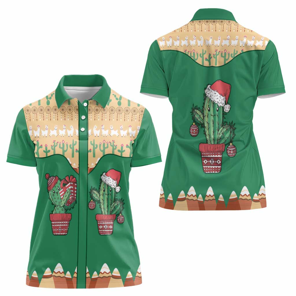 Western Yoke Women Polo Shirt Cactus Christmas Cute Style - Wonder Print Shop