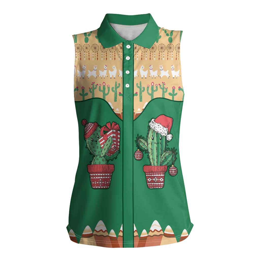 Western Yoke Women Sleeveless Polo Shirt Cactus Christmas Cute Style - Wonder Print Shop