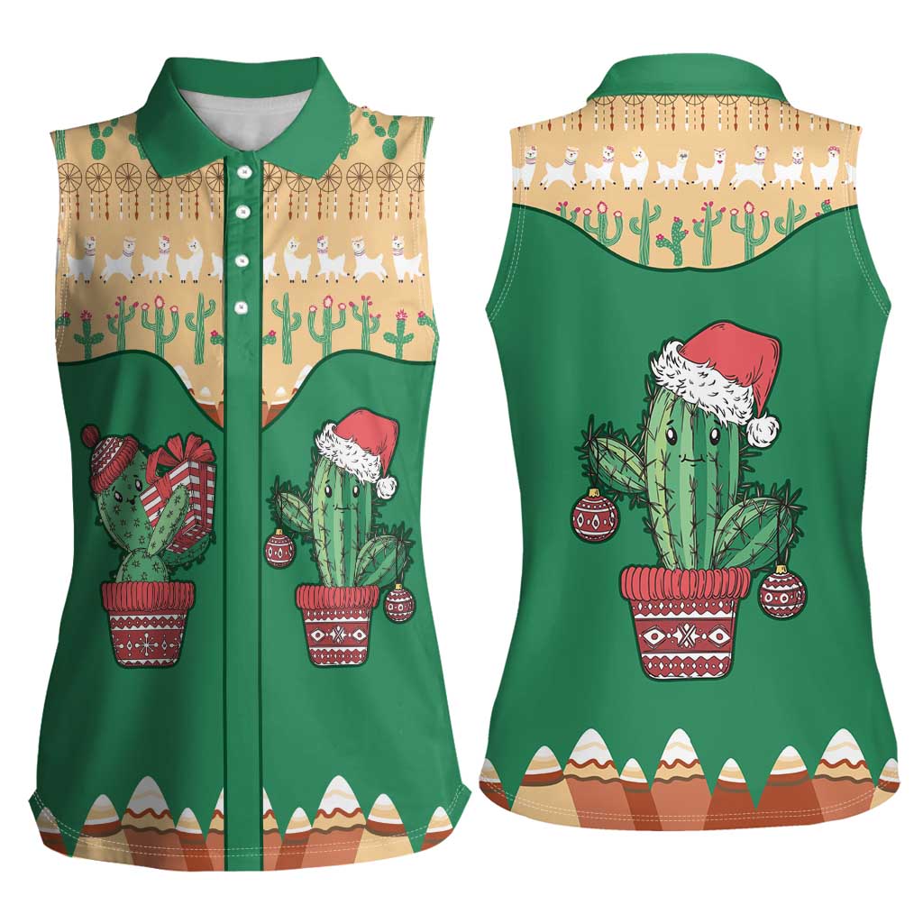 Western Yoke Women Sleeveless Polo Shirt Cactus Christmas Cute Style - Wonder Print Shop
