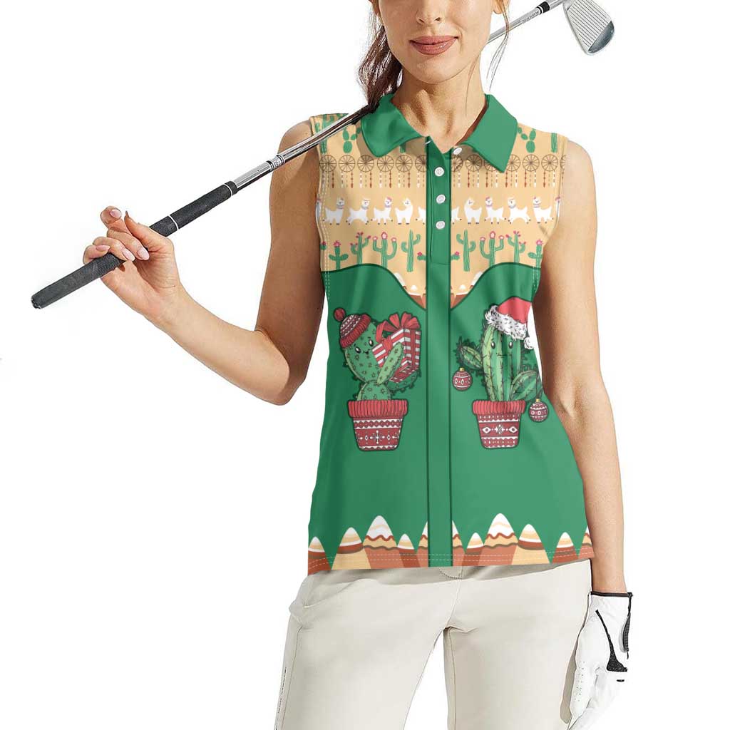 Western Yoke Women Sleeveless Polo Shirt Cactus Christmas Cute Style - Wonder Print Shop