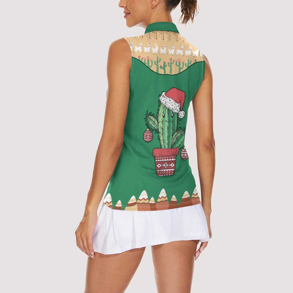 Western Yoke Women Sleeveless Polo Shirt Cactus Christmas Cute Style - Wonder Print Shop