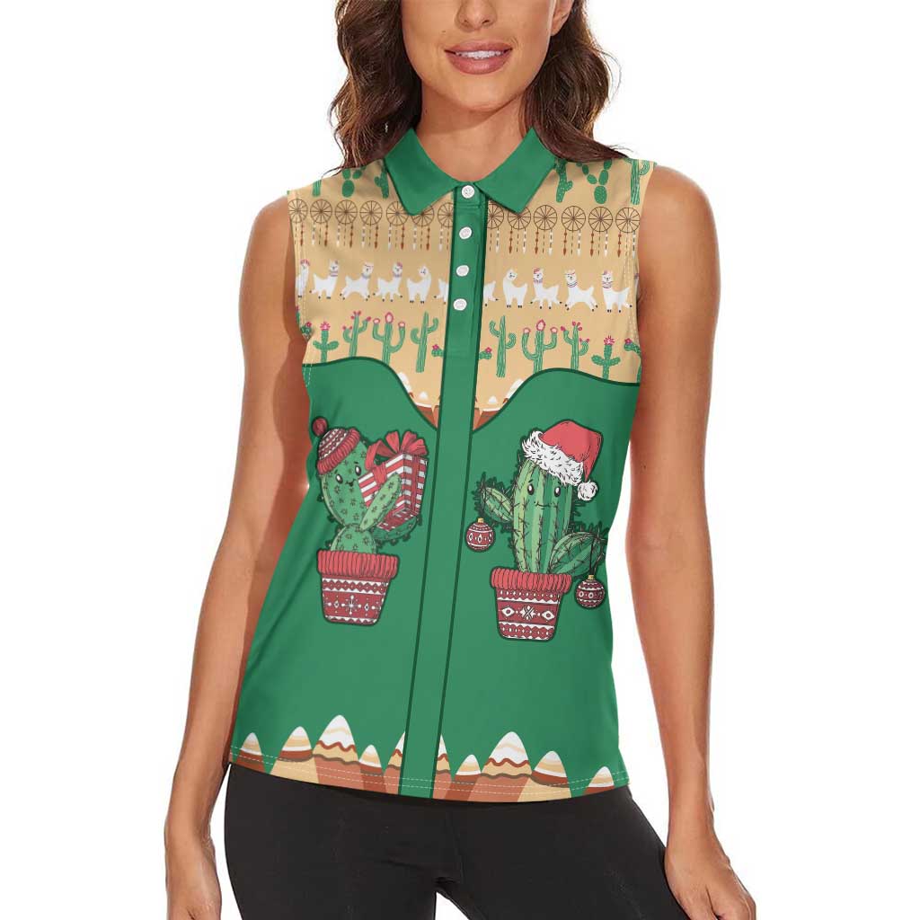 Western Yoke Women Sleeveless Polo Shirt Cactus Christmas Cute Style - Wonder Print Shop