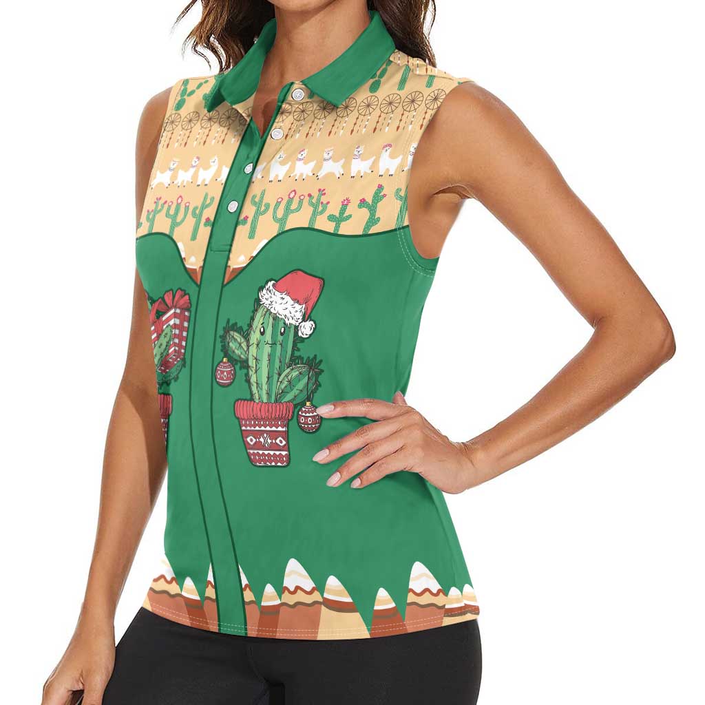Western Yoke Women Sleeveless Polo Shirt Cactus Christmas Cute Style - Wonder Print Shop