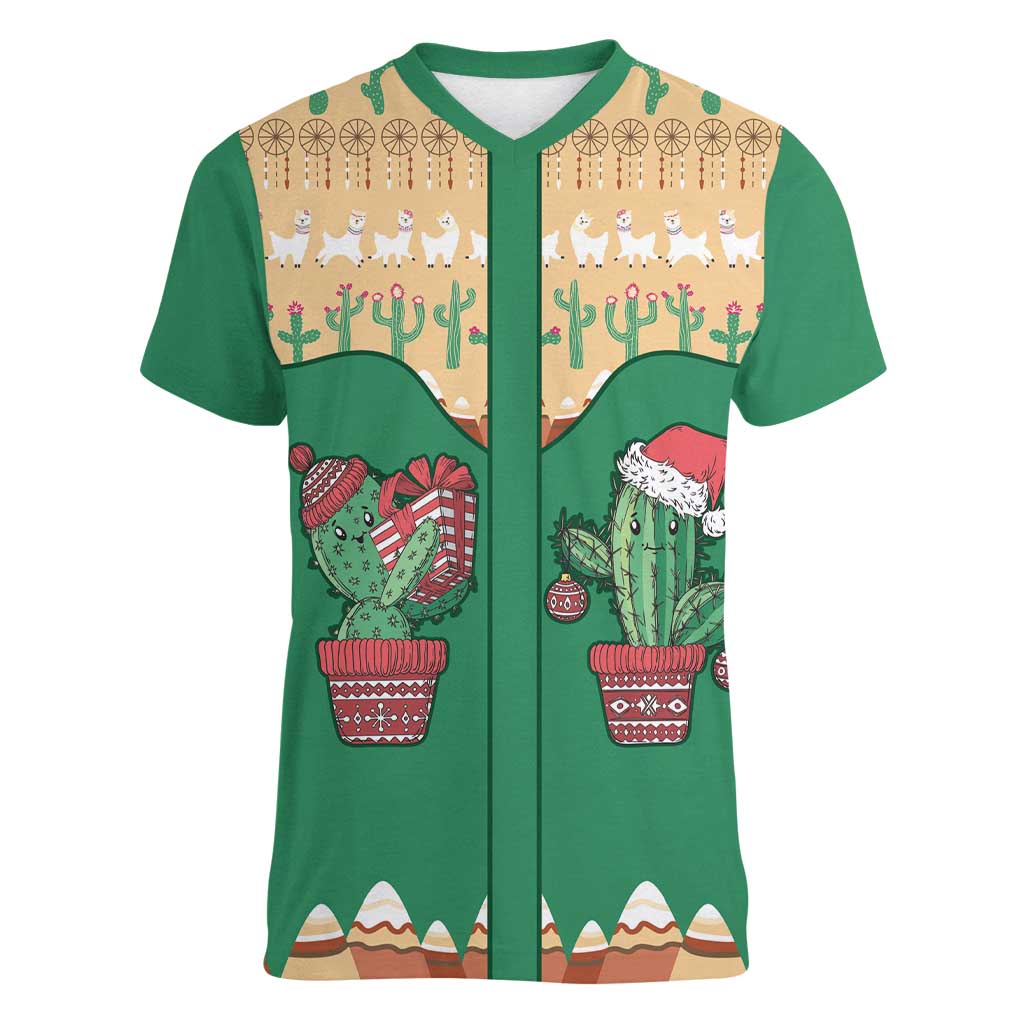 Western Yoke Women V-Neck T-Shirt Cactus Christmas Cute Style - Wonder Print Shop
