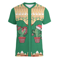 Western Yoke Women V-Neck T-Shirt Cactus Christmas Cute Style - Wonder Print Shop