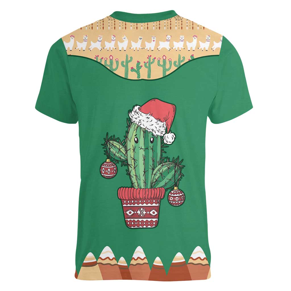 Western Yoke Women V-Neck T-Shirt Cactus Christmas Cute Style - Wonder Print Shop