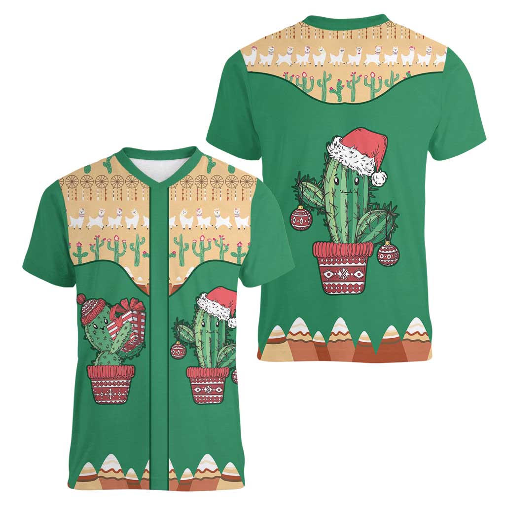 Western Yoke Women V-Neck T-Shirt Cactus Christmas Cute Style - Wonder Print Shop