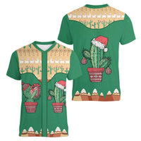 Western Yoke Women V-Neck T-Shirt Cactus Christmas Cute Style - Wonder Print Shop