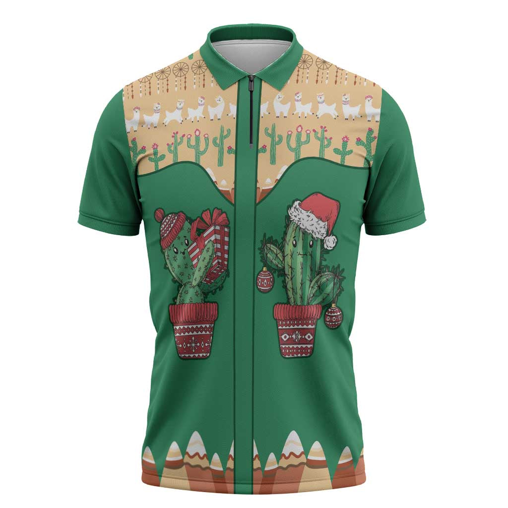 Western Yoke Zipper Polo Shirt Cactus Christmas Cute Style - Wonder Print Shop