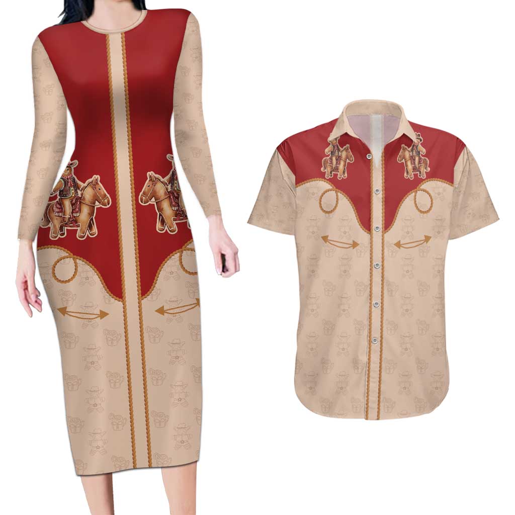 Western Yoke Couples Matching Long Sleeve Bodycon Dress and Hawaiian Shirt Gingerbread Howdy Christmas - Wonder Print Shop