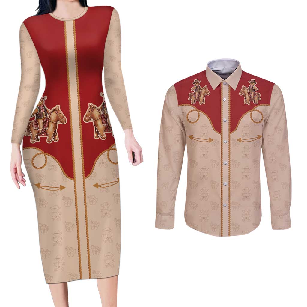 Western Yoke Couples Matching Long Sleeve Bodycon Dress and Long Sleeve Button Shirt Gingerbread Howdy Christmas - Wonder Print Shop