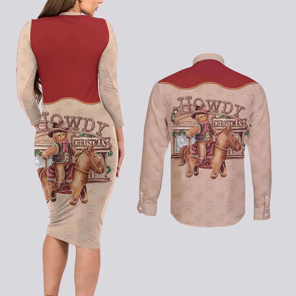 Western Yoke Couples Matching Long Sleeve Bodycon Dress and Long Sleeve Button Shirt Gingerbread Howdy Christmas - Wonder Print Shop