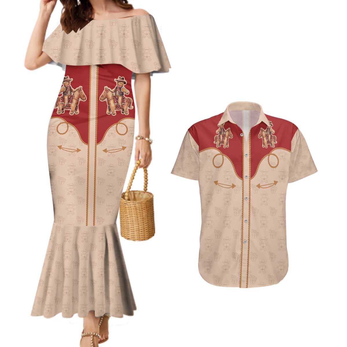 Western Yoke Couples Matching Mermaid Dress and Hawaiian Shirt Gingerbread Howdy Christmas - Wonder Print Shop