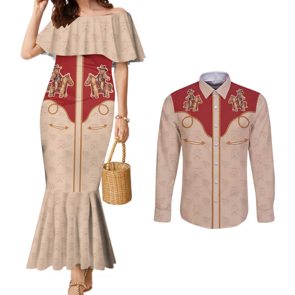 Western Yoke Couples Matching Mermaid Dress and Long Sleeve Button Shirt Gingerbread Howdy Christmas - Wonder Print Shop