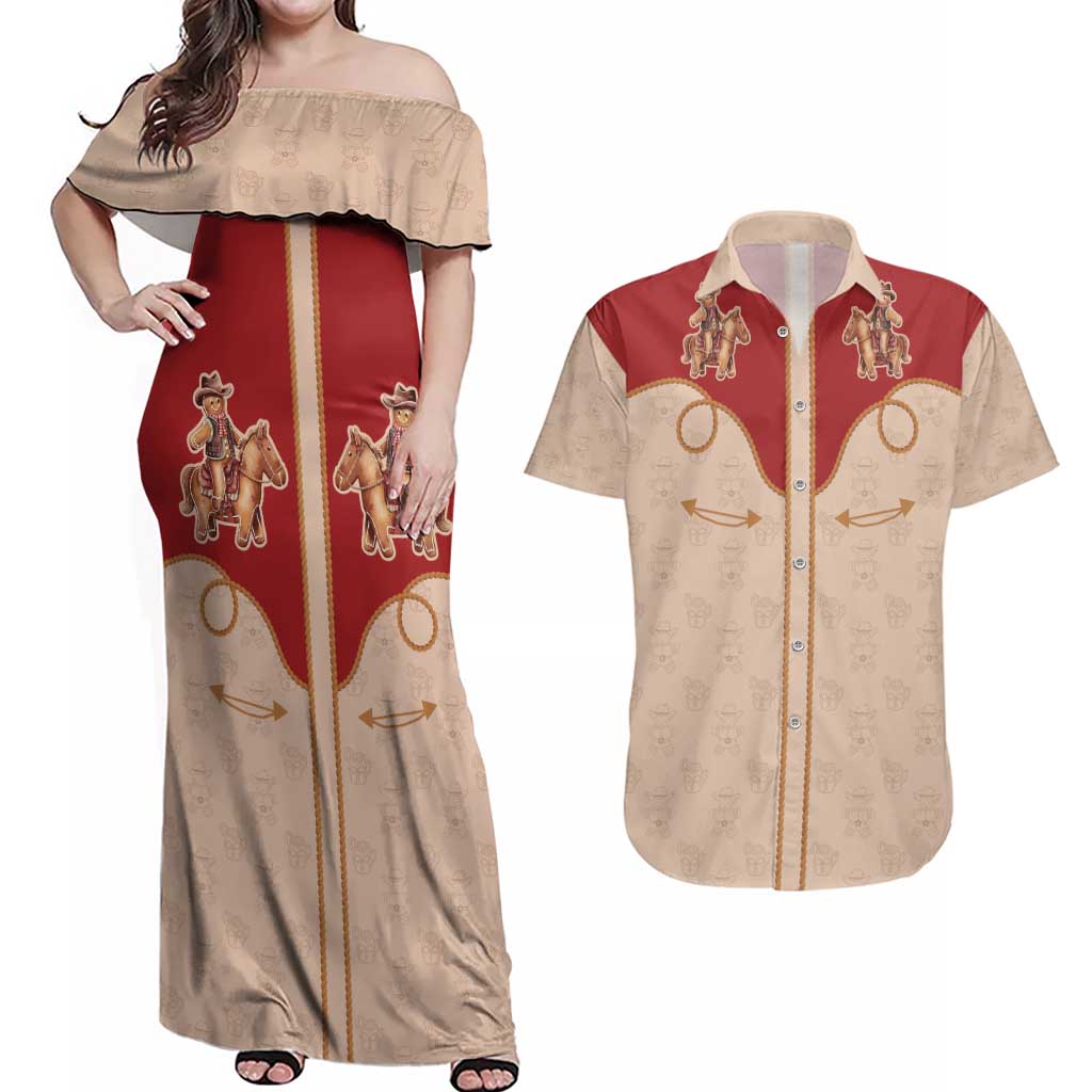 Western Yoke Couples Matching Off Shoulder Maxi Dress and Hawaiian Shirt Gingerbread Howdy Christmas - Wonder Print Shop