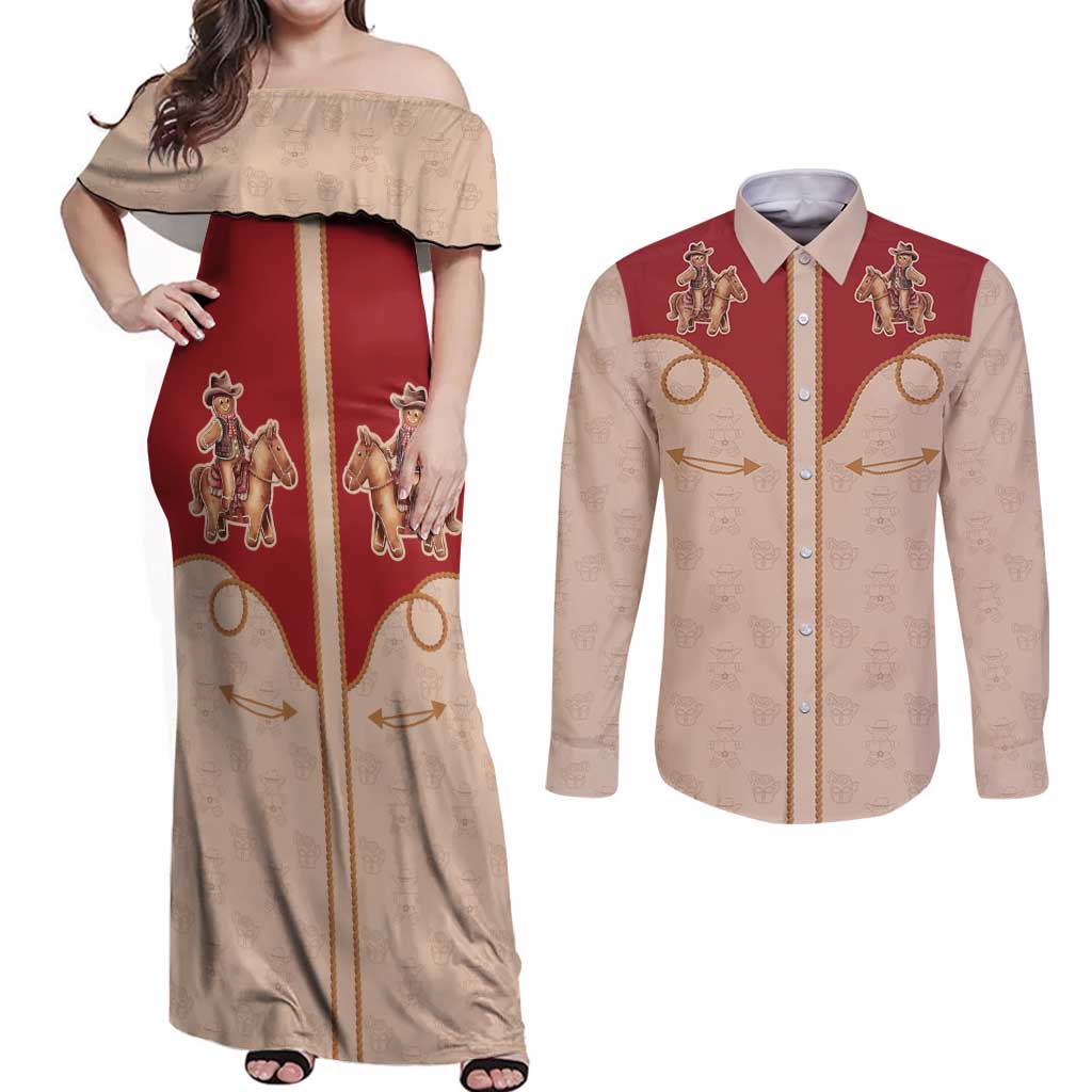 Western Yoke Couples Matching Off Shoulder Maxi Dress and Long Sleeve Button Shirt Gingerbread Howdy Christmas - Wonder Print Shop