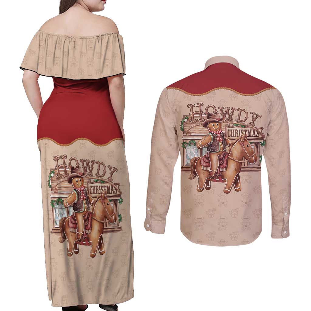 Western Yoke Couples Matching Off Shoulder Maxi Dress and Long Sleeve Button Shirt Gingerbread Howdy Christmas - Wonder Print Shop