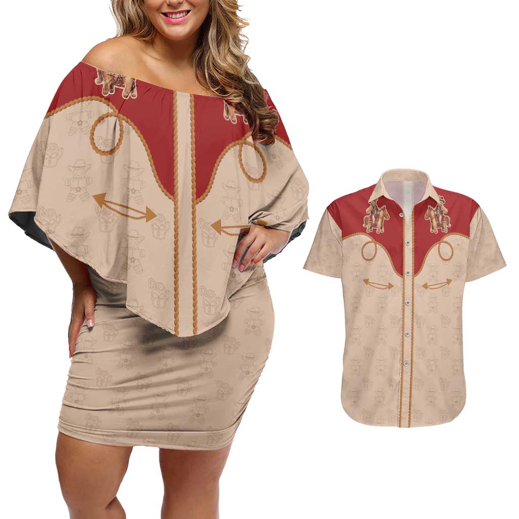 Western Yoke Couples Matching Off Shoulder Short Dress and Hawaiian Shirt Gingerbread Howdy Christmas - Wonder Print Shop