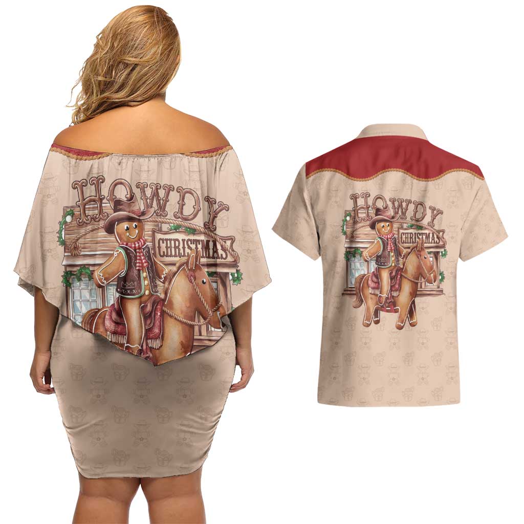 Western Yoke Couples Matching Off Shoulder Short Dress and Hawaiian Shirt Gingerbread Howdy Christmas - Wonder Print Shop