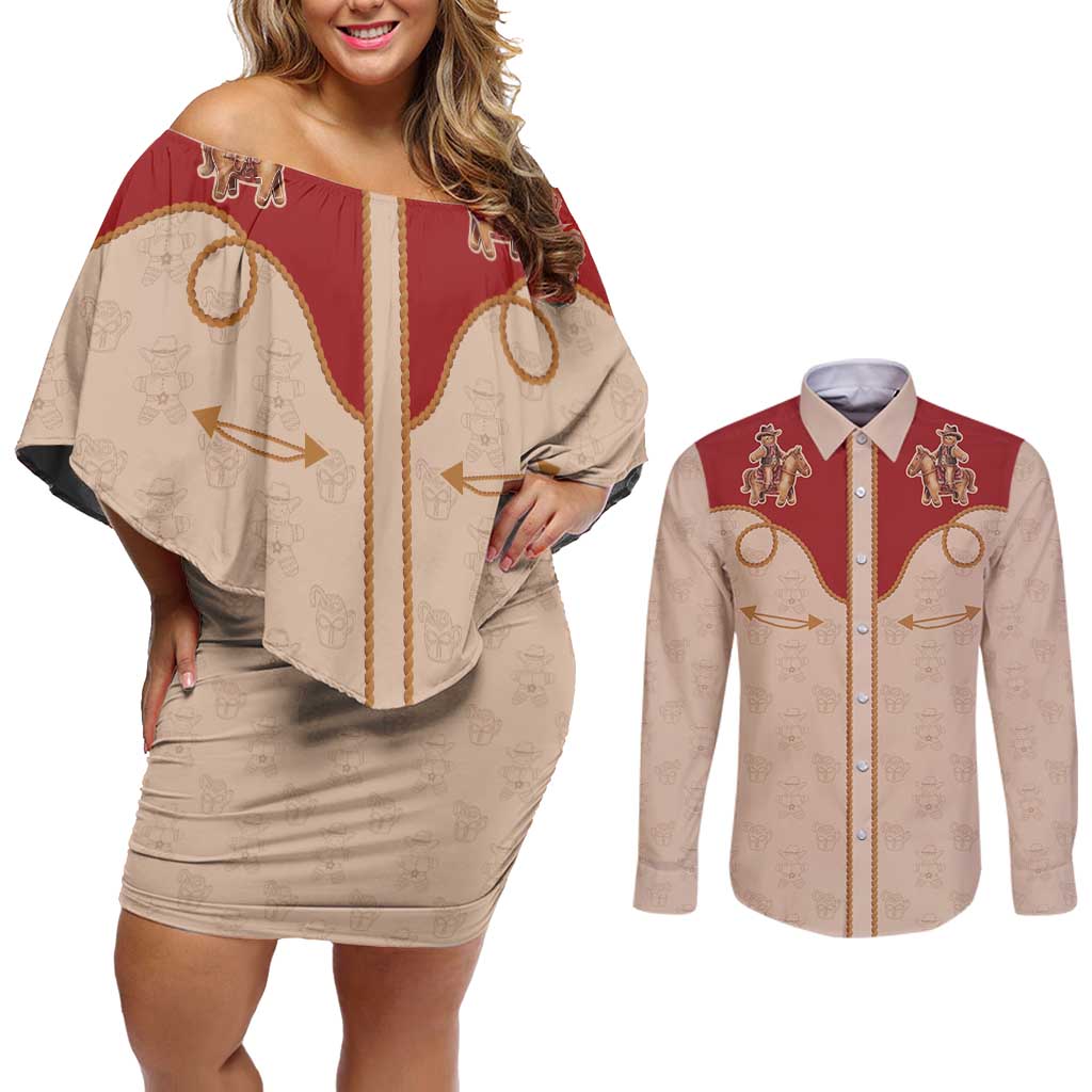 Western Yoke Couples Matching Off Shoulder Short Dress and Long Sleeve Button Shirt Gingerbread Howdy Christmas - Wonder Print Shop